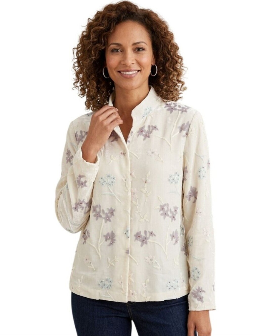 Coldwater Creek Flocked Beaded Vintage Unique Lined Silk Blend Jacket Size L